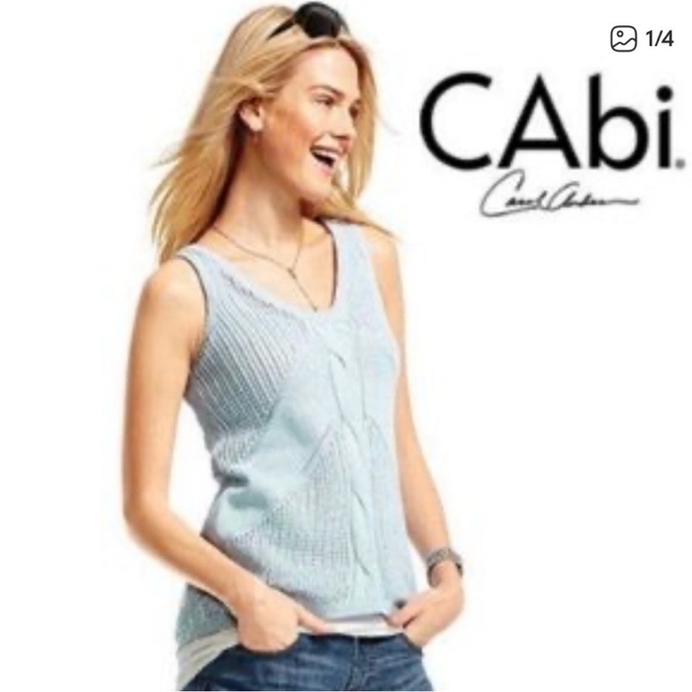 CAbi Blue Knit Sweater Tank XS Sleeveless Cable Hi Low Hem